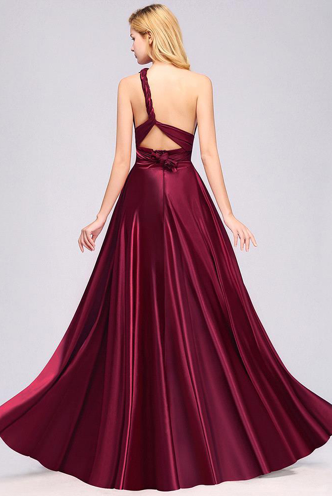 Elegant Long Burgundy Satin One Shoulder Bridesmaid Dresses - YESBABYONLINE