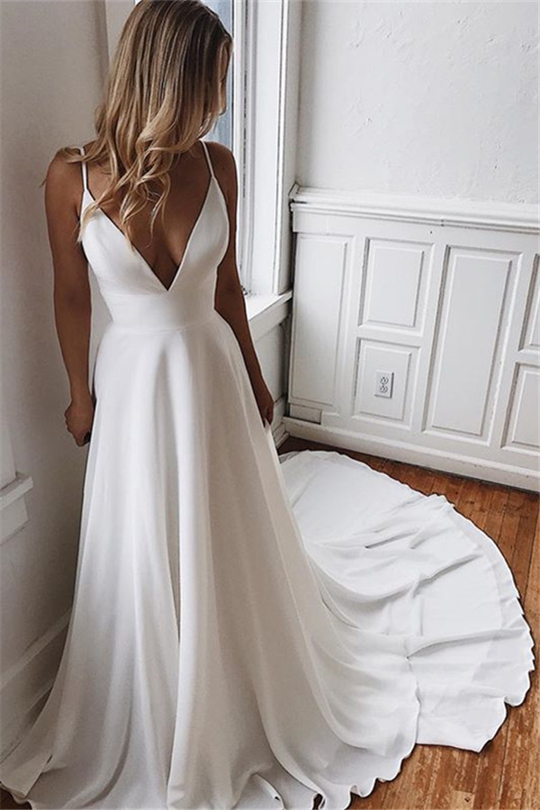 Long A-line Spaghetti Straps V Neck Chiffon Backless Wedding Dresses - YESBABYONLINE