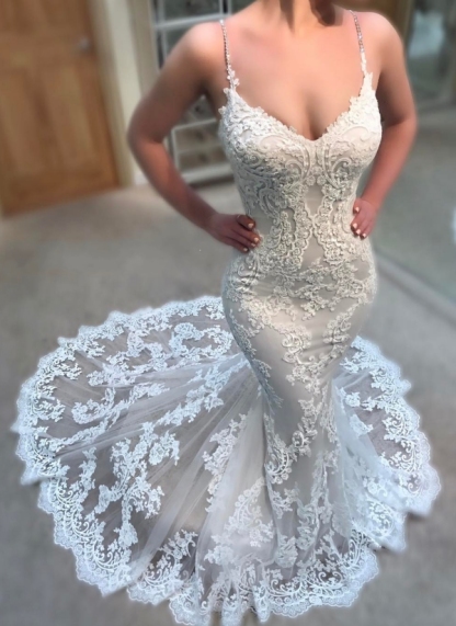 Glamorous Long Mermaid Spaghettis Straps Lace Wedding Dresses - YESBABYONLINE