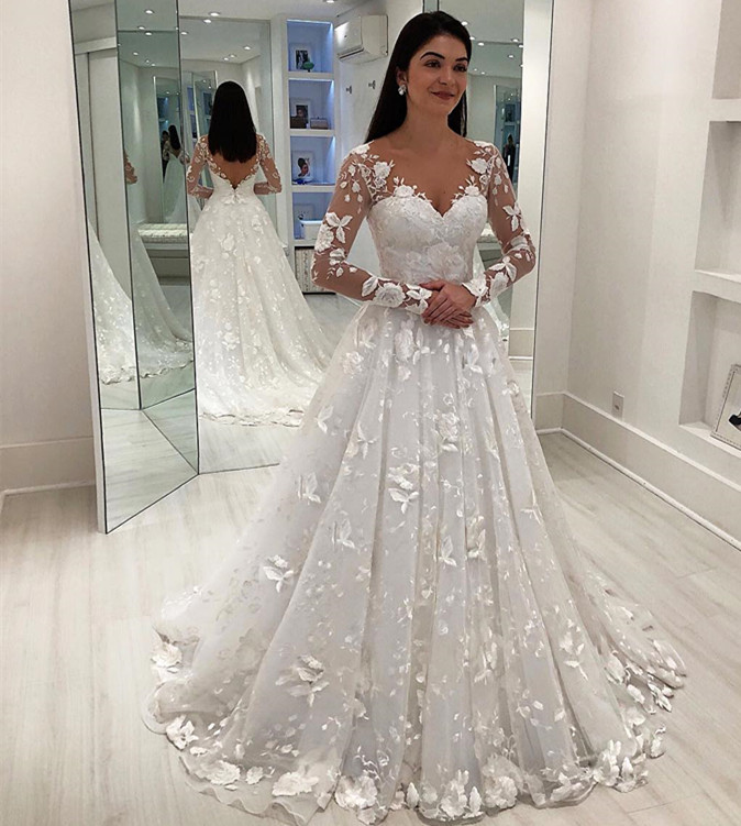 Stunning Long V-Neck A-Line Tulle Appliques Lace Wedding Dress with Sleeves - YESBABYONLINE