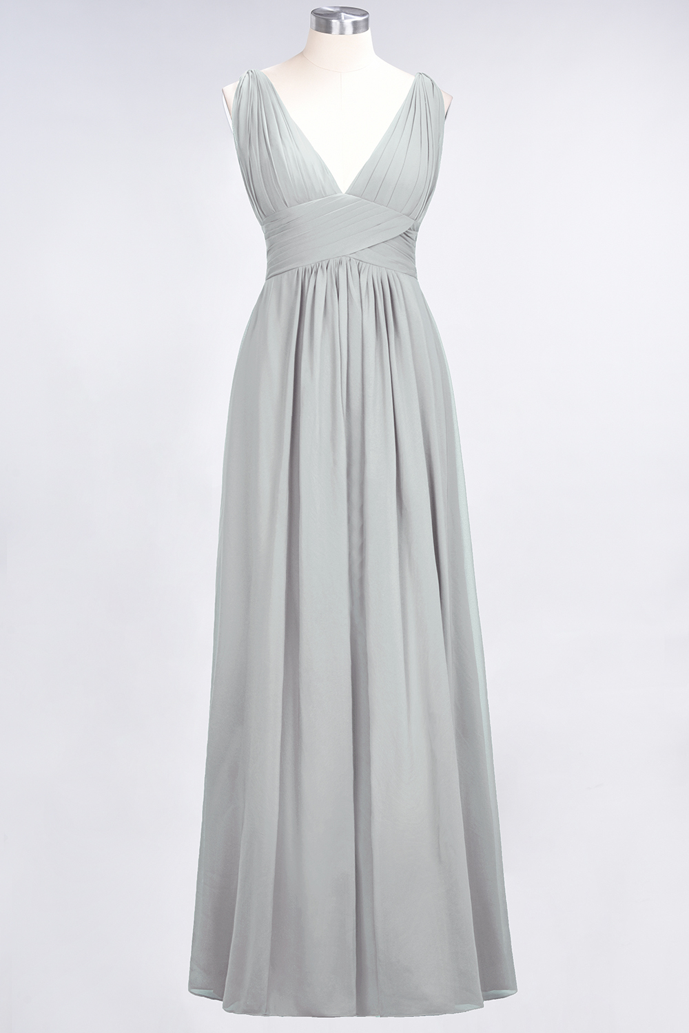 Long A Line V Neck Sleeveless Floor Length Bridesmaid Dress with Ruffle - YESBABYONLINE
