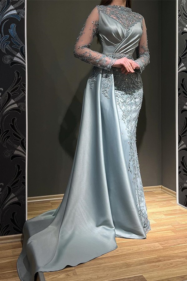 Gorgeous Grey Long Sleeves Mermaid Satin Prom Dress with Appliques Lace - YESBABYONLINE