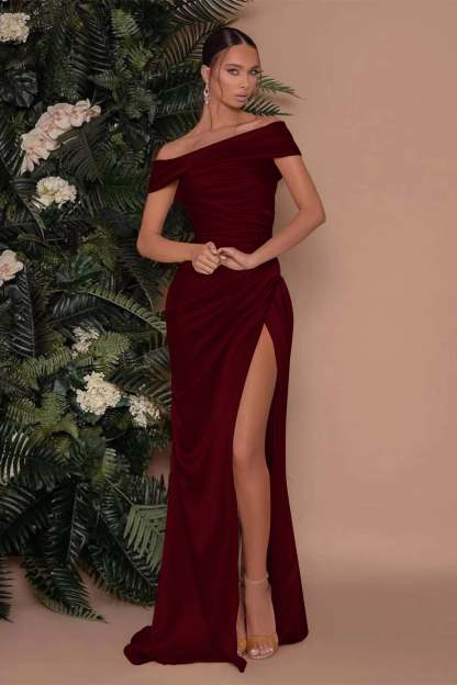 Champagne Off-The-Shoulder Charmeuse Prom Dress with Split Mermaid