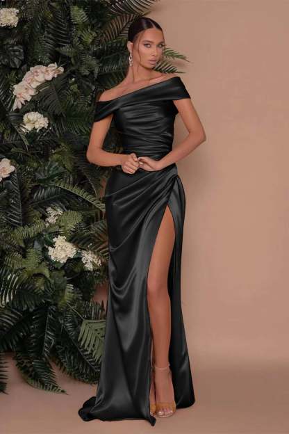 Champagne Off-The-Shoulder Charmeuse Prom Dress with Split Mermaid