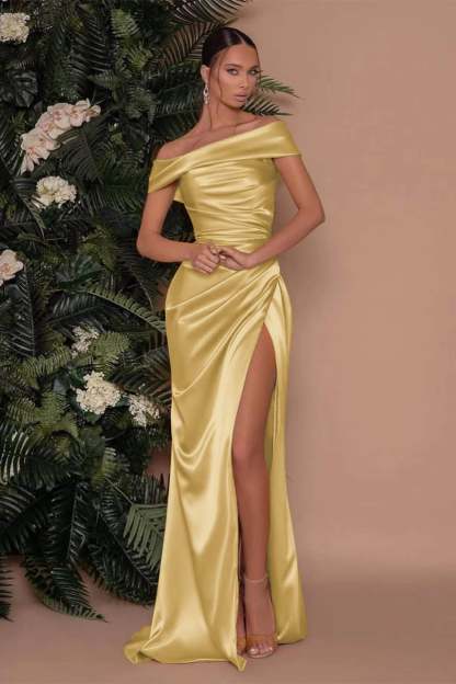 Champagne Off-The-Shoulder Charmeuse Prom Dress with Split Mermaid