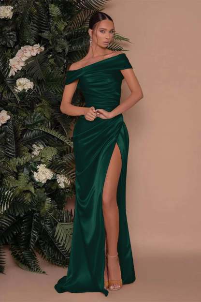 Champagne Off-The-Shoulder Charmeuse Prom Dress with Split Mermaid