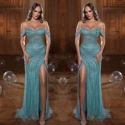 Charming Green Evening Dress Prom Dress Strapless Off-the-Shoulder with Sequins and Slit