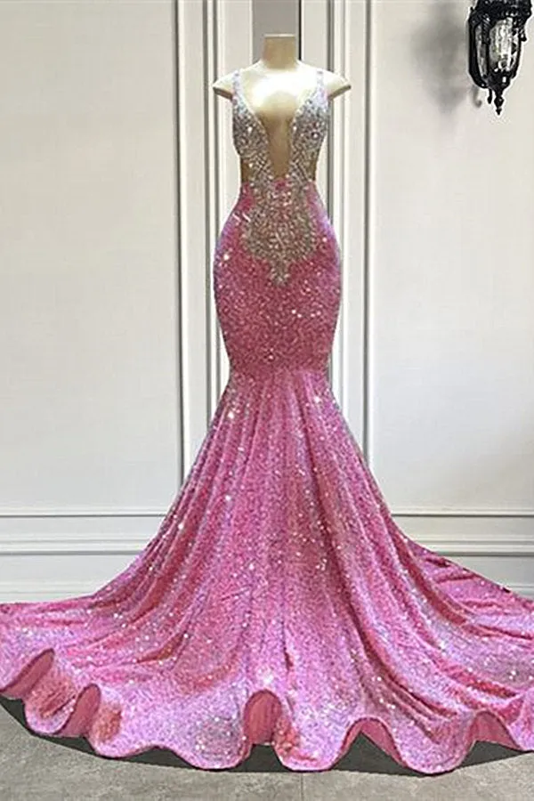 Chic Long Mermaid Sequined Sleeveless Straps Beading Prom Dress