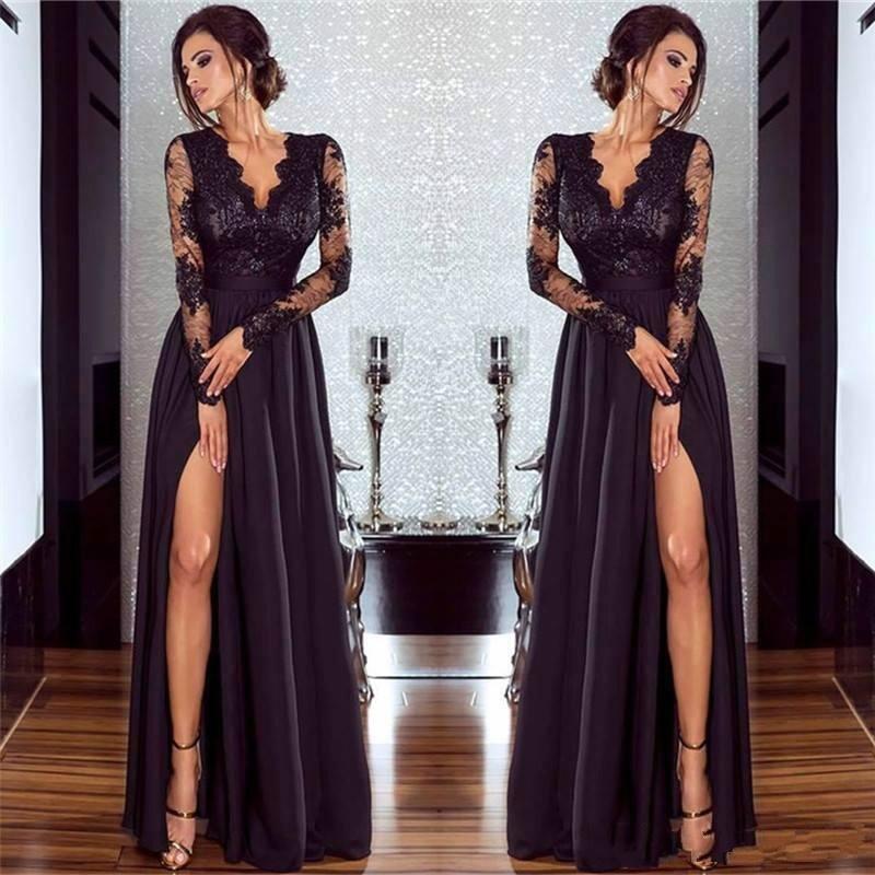 Chic Long Sleeves A-line V-neck Chiffon Lace Prom Dress with Slit - YESBABYONLINE