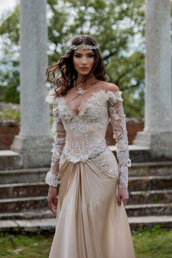 Long Off-the-Shoulder Satin Lace Formal Prom Dresses with Sleeves
