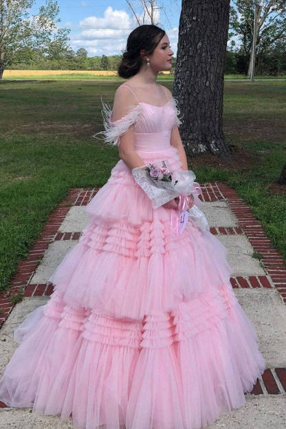 Cold Shoulder Feathers Mint Green Layered Tulle Prom Dress