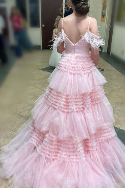 Cold Shoulder Feathers Mint Green Layered Tulle Prom Dress