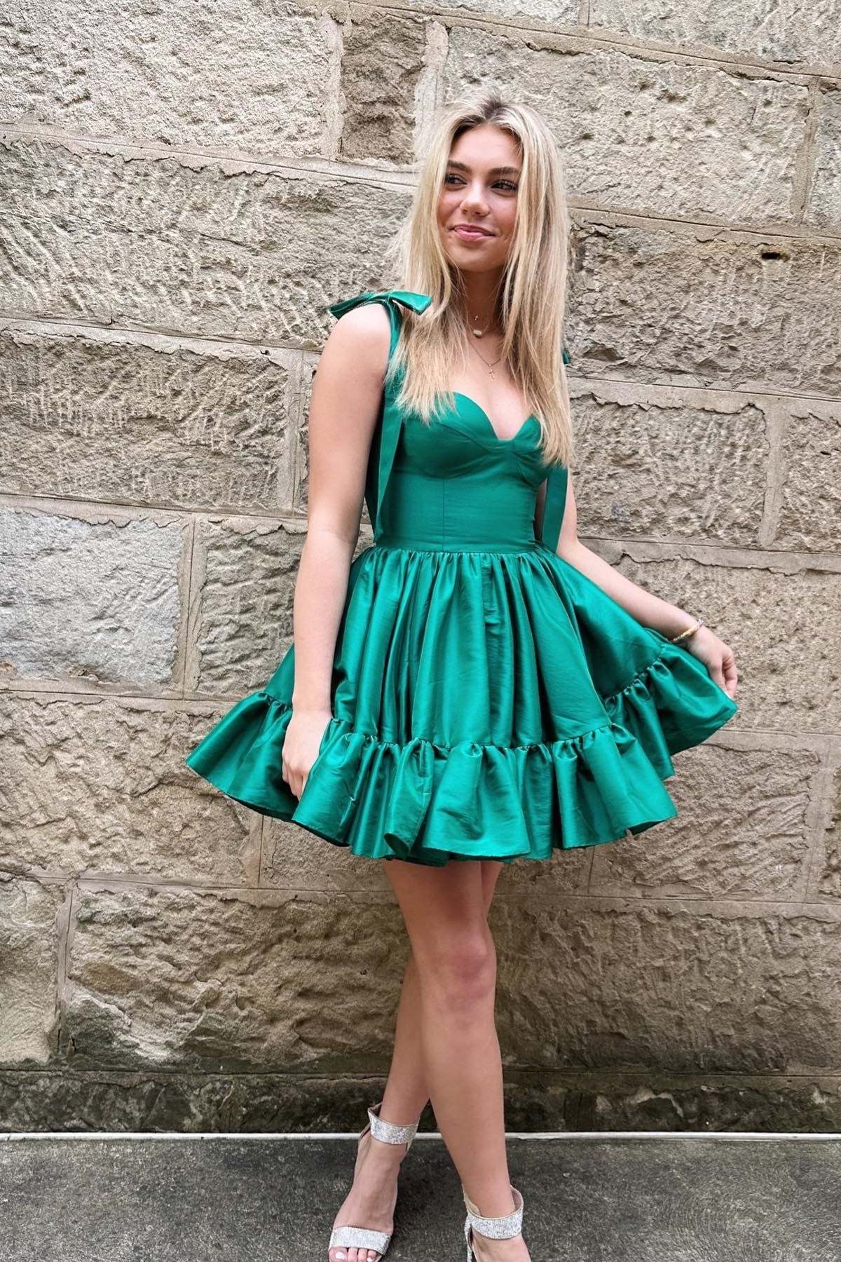 Cute Tie Straps Green Corset Ruffle Short Homecoming Dress