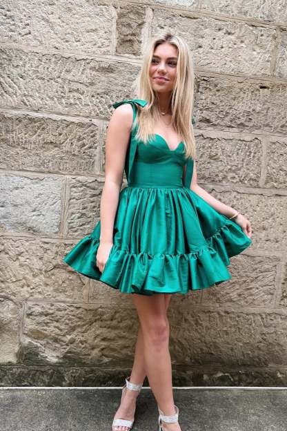 Cute Tie Straps Green Corset Ruffle Short Homecoming Dress
