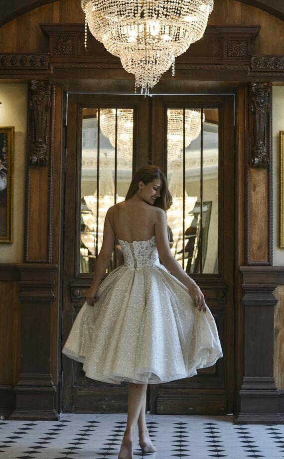 Classy Short Off the Shoulder Lace Sequins A-Line Tea-length Ruffles Wedding Dress - YESBABYONLINE