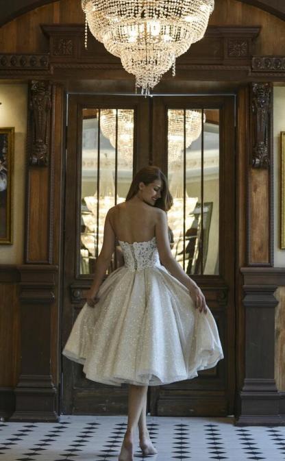 Classy Short Off the Shoulder Lace Sequins A-Line Tea-length Ruffles Wedding Dress - YESBABYONLINE