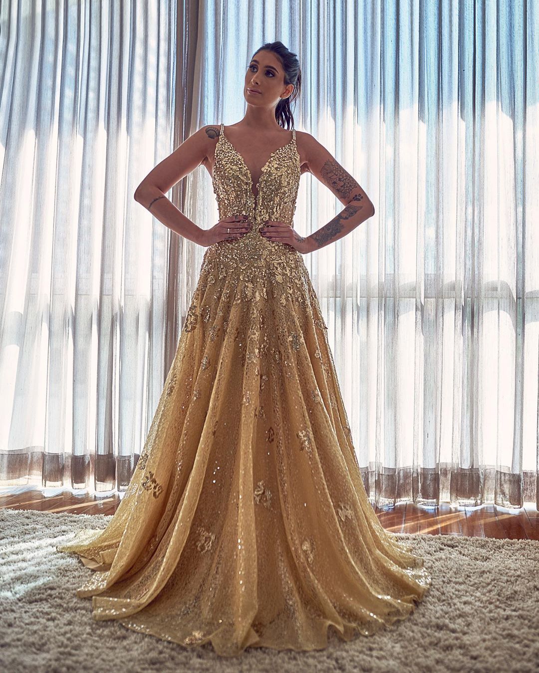 Gold Spaghetti Strap Applique A Line Prom Dresses | V Neck Crystal Sequin Long Evening Dresses - YESBABYONLINE