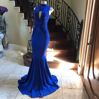 Royal Blue Long High Neck Sleeveless Satin Lace Mermaid Prom Dresses - YESBABYONLINE
