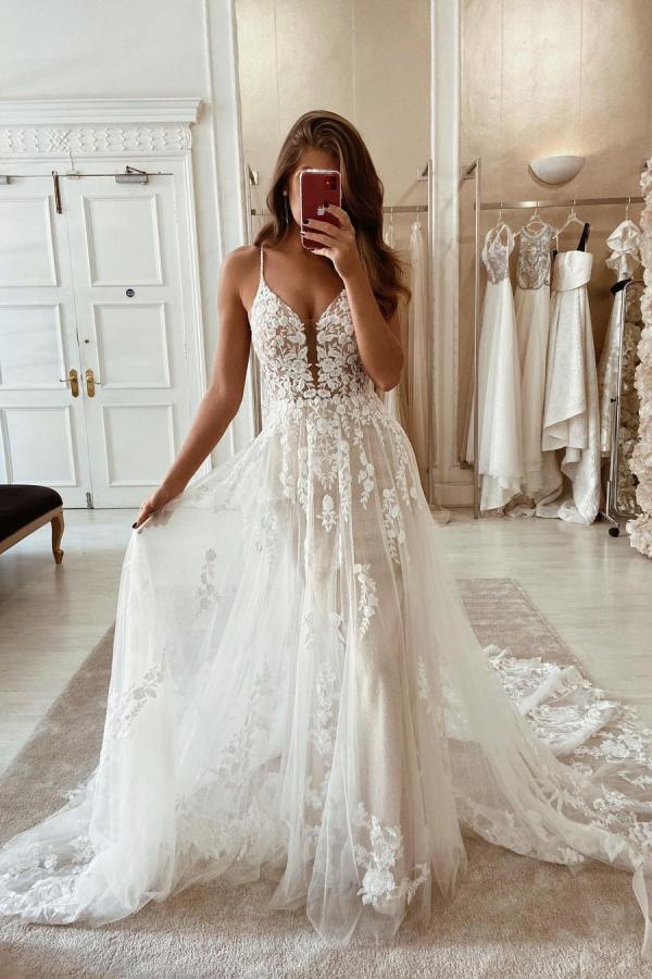 Long A-line V-neck Spaghetti Straps Tulle Open Back Wedding Dresses With Lace Appliques - YESBABYONLINE