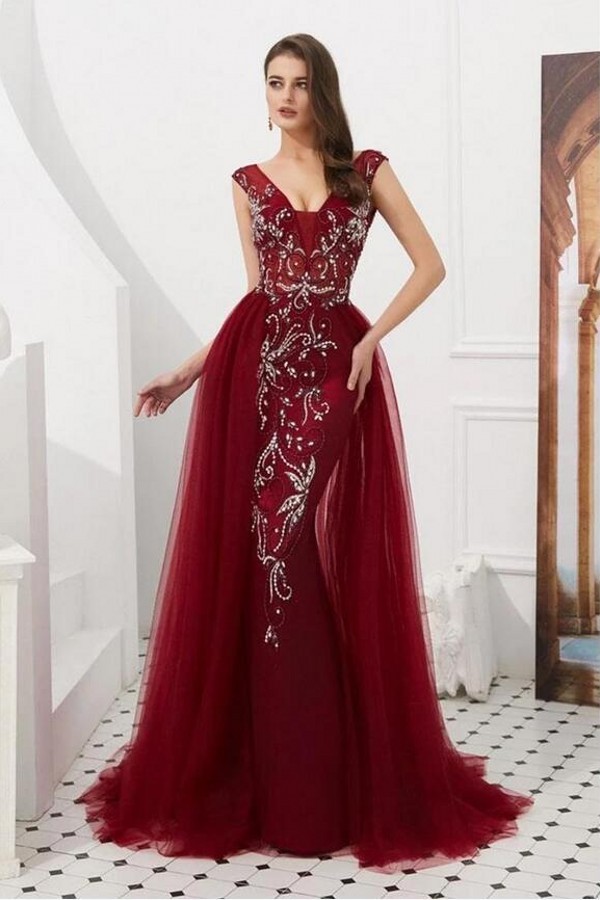 Stunning Long V-neck Appliques Lace Open Back Mermaid Prom Dress With Tulle Train - YESBABYONLINE
