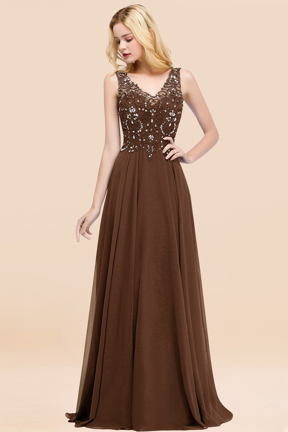 Long A-line Straps V Neck Applique Lace Floor Length Chiffon Bridesmaid Dresses - YESBABYONLINE