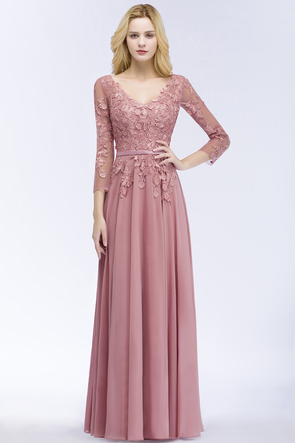 Long A-line V-Neck Chiffon Lace Floor-Length Bridesmaid Dresses with Sleeves - YESBABYONLINE