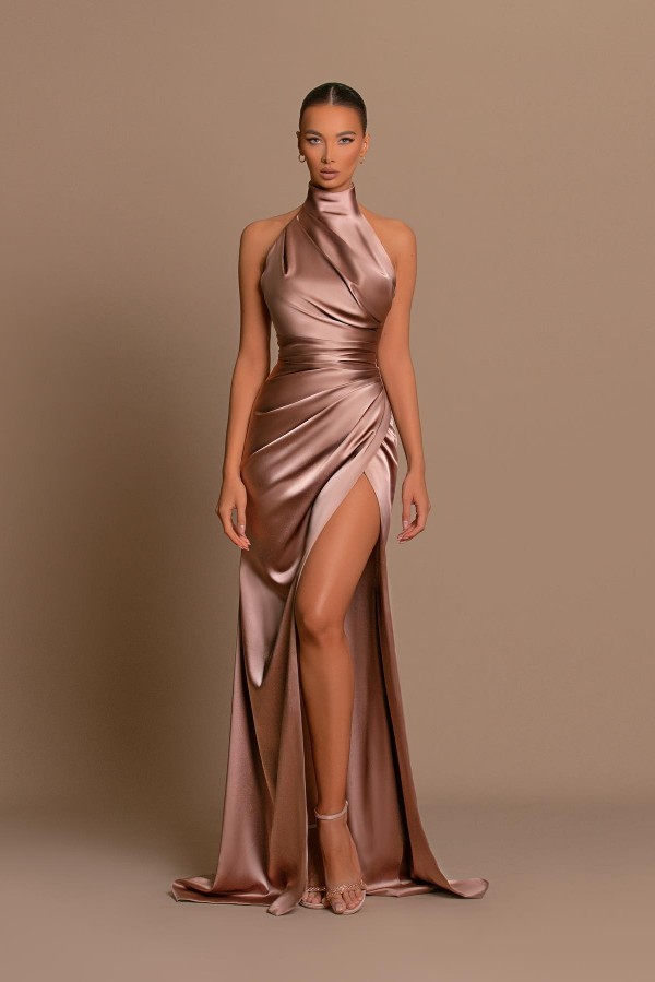 Elegant Long High Neck Satin Mermaid Evening Prom Dresses with Slit - YESBABYONLINE