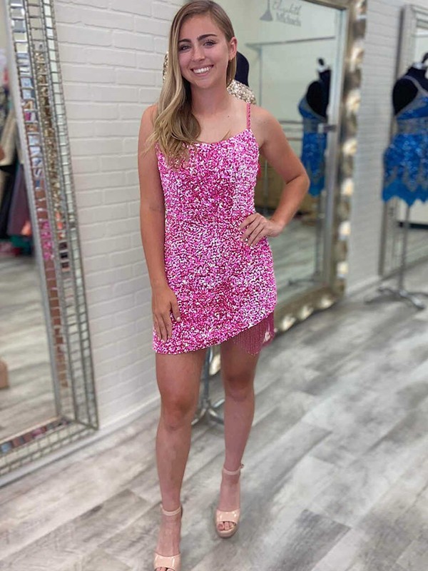 Sexy Sheath Spaghetti Straps Sleeveless Sequined Short Prom Dresses - YESBABYONLINE