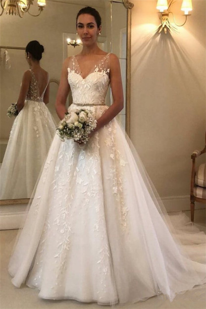 Long A-line V-neck Tulle Applique Lace Backless Wedding Dresses - YESBABYONLINE