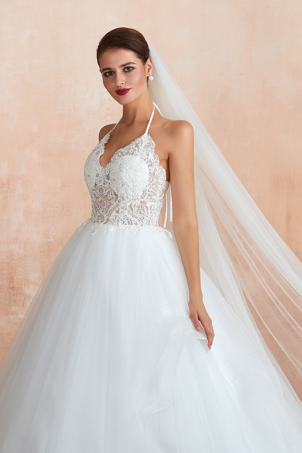 Long Ball Gown Halter Backless Tulle Lace Wedding Dresses - YESBABYONLINE