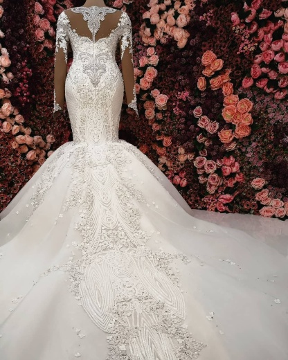 Charming Long Mermaid Sweetheart Tulle Beaded Wedding Dresses with Sleeves - YESBABYONLINE