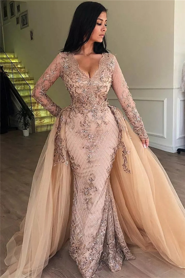 Elegant Long Sleeves Mermaid V-Neck Tulle Lace Prom Dress with Detachable Train - YESBABYONLINE