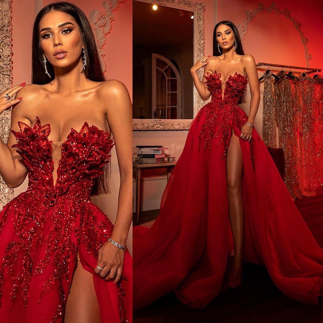 Burgundy Long A-line Sweetheart Satin Lace Prom Dresses with Slit - YESBABYONLINE