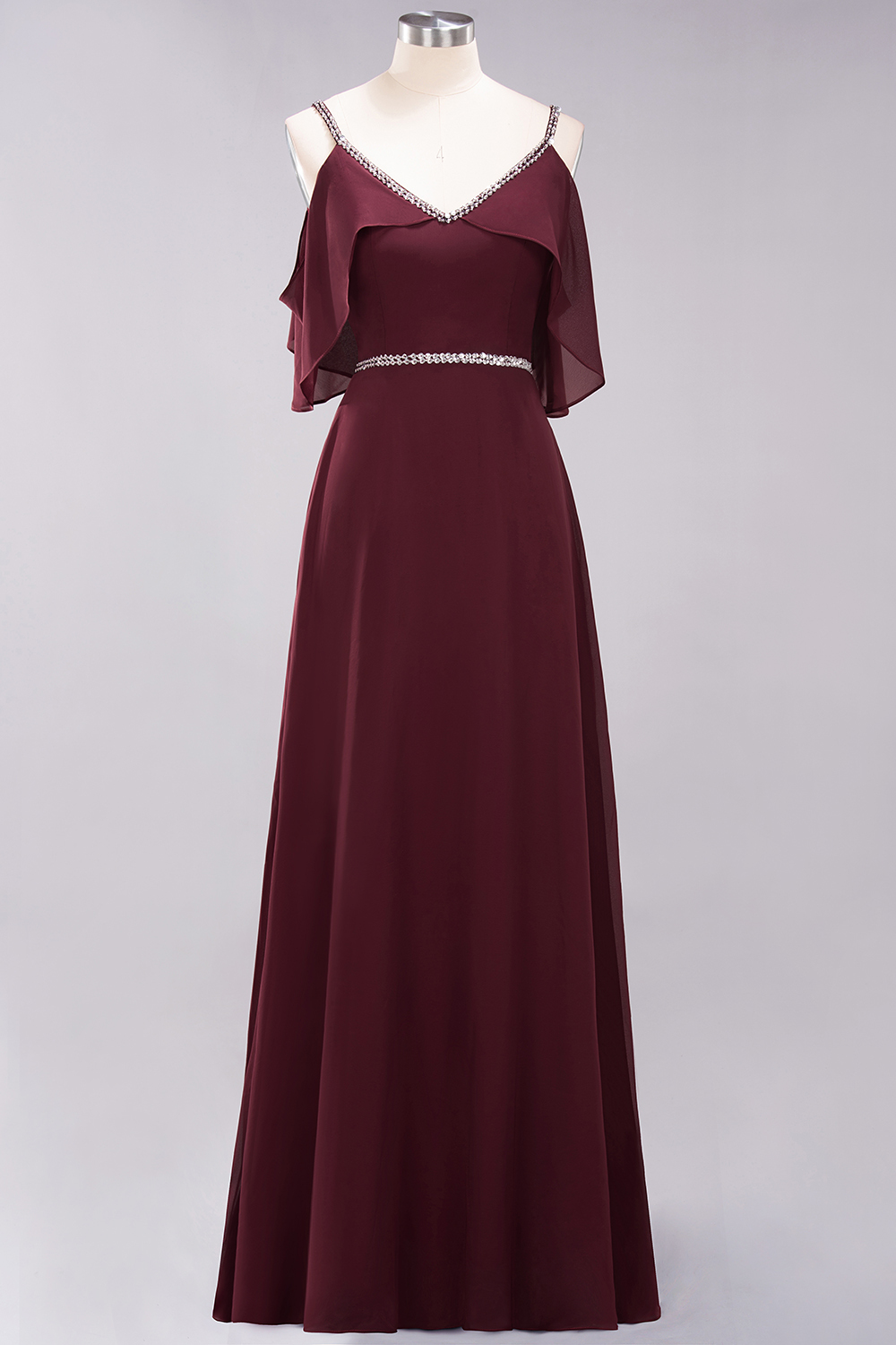 Elegant A-line V-Neck Spaghetti Straps Sleeveless Floor-Length Bridesmaid Dresses with Beading Sash - YESBABYONLINE