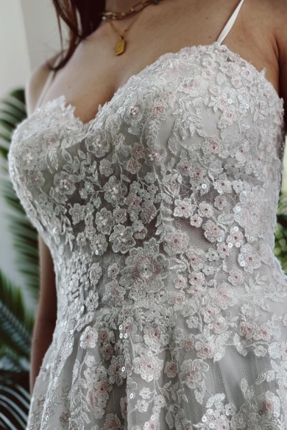 Long Sweetheart Spaghetti Straps A Line Tulle Lace Backless Wedding Dress - YESBABYONLINE