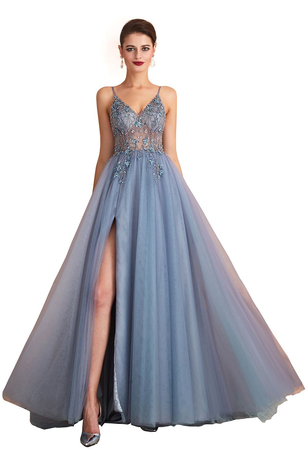 Long A-line Spaghetti Straps V-neck Tulle Backless Prom Dresses with Side Slit - YESBABYONLINE