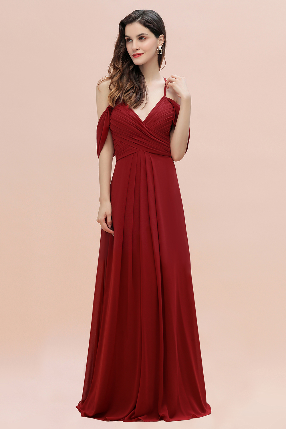 Elegant Long Spaghetti Strap A Line Off the Shoulder Chiffon Bridesmaid Dresses with Ruffles - YESBABYONLINE
