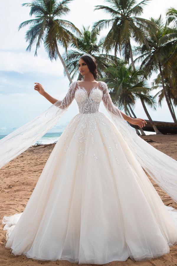 Long A Line Sweetheart Lace Tulle Wedding Dresses with Sleeves - YESBABYONLINE