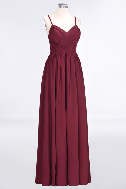 A-Line Spaghetti-Straps V-Neck Sleeveless Floor-Length Bridesmaid Dress with Ruffles - YESBABYONLINE