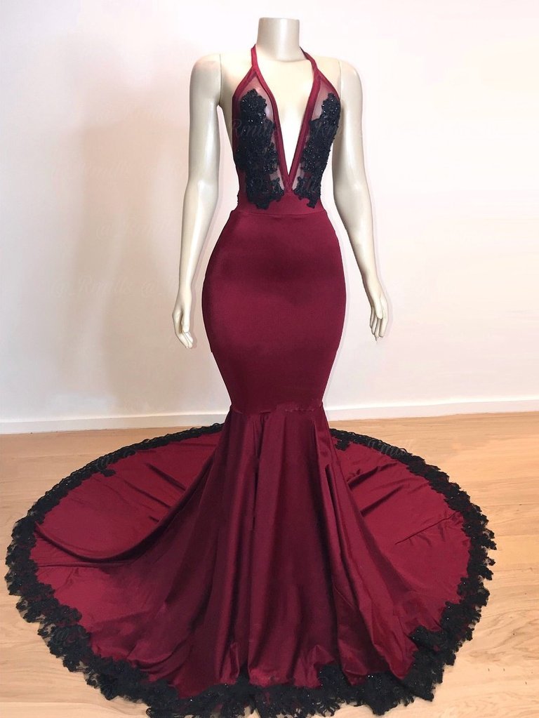 Burgundy Long Mermaid V-neck Halter Appliques Lace Backless Evening Dresses - YESBABYONLINE