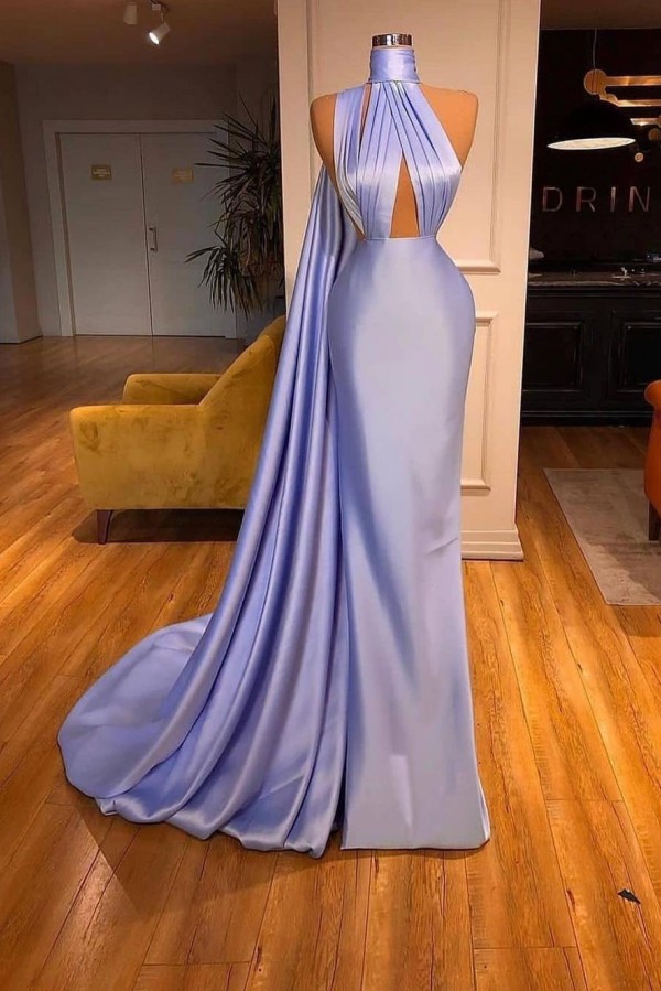 Elegant Long Mermaid High Neck Satin Floor Length Evening Prom Dresses - YESBABYONLINE