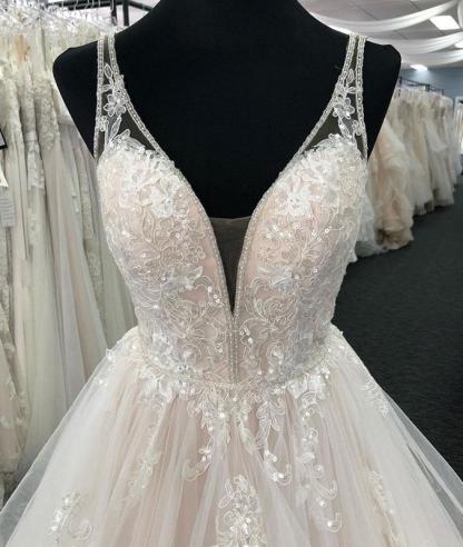 Chic Long V-Neck A-Line Sleeveless Floor length Tulle Wedding Dress with Ruffles - YESBABYONLINE