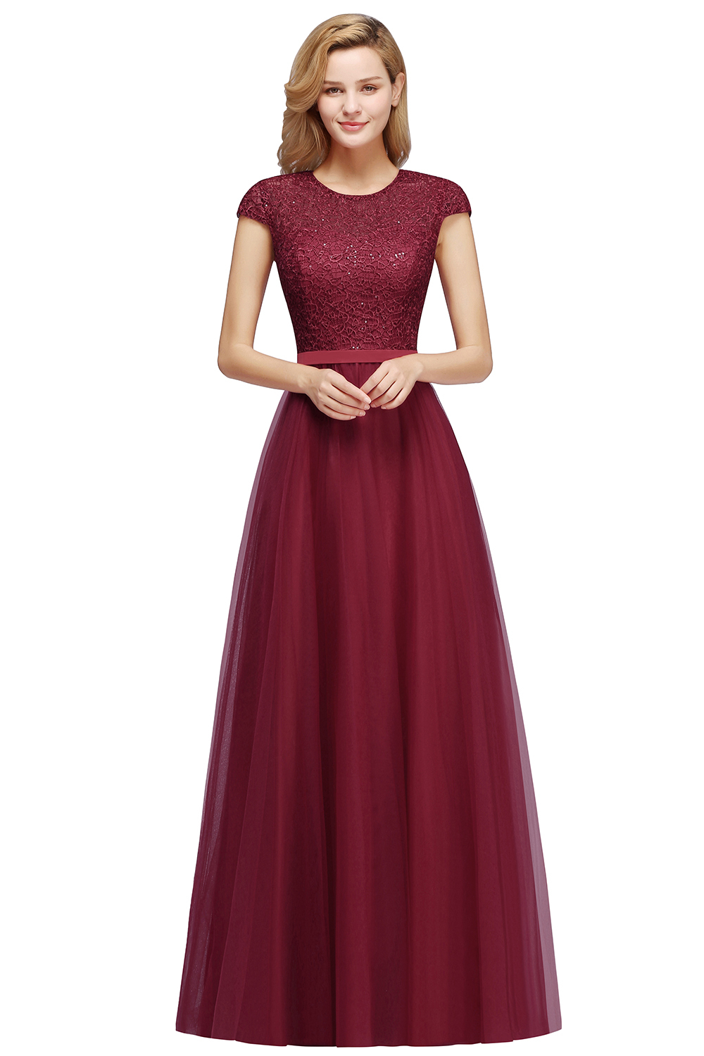 Long A-line Tulle Lace Bridesmaid Dress with Cap Sleeves - YESBABYONLINE