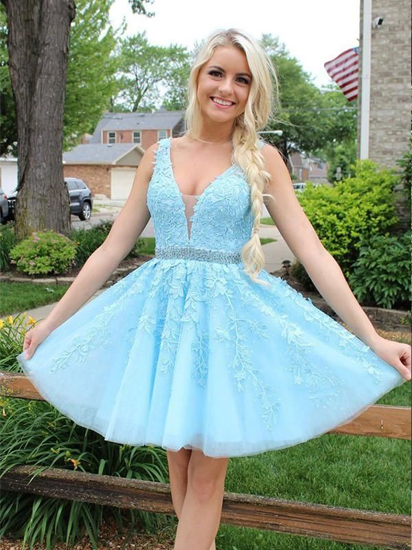 Chic Short Tulle Appliqus Lace A-Line Backless Homecoming Dress - YESBABYONLINE