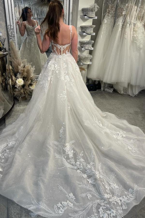 A-Line Backless Long Tulle Appliques Lace Long Wedding Dress with Sequins