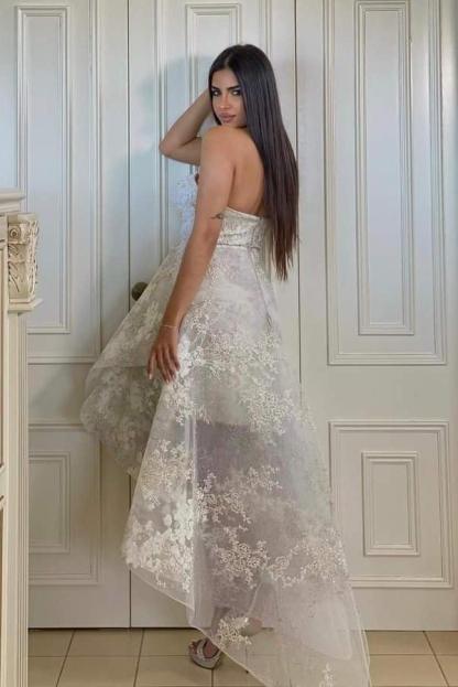 Elegant High Low A-line Sweetheart Lace Backless Wedding Dresses