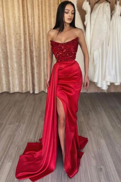 Sexy Red Long Sequined Strapless Satin Mermaid Prom Dresses with Split - YESBABYONLINE