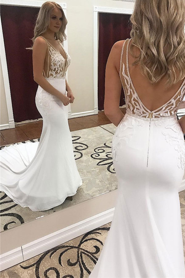Long Mermaid V-neck Satin Appliques Lace Backless Wedding Dresses - YESBABYONLINE