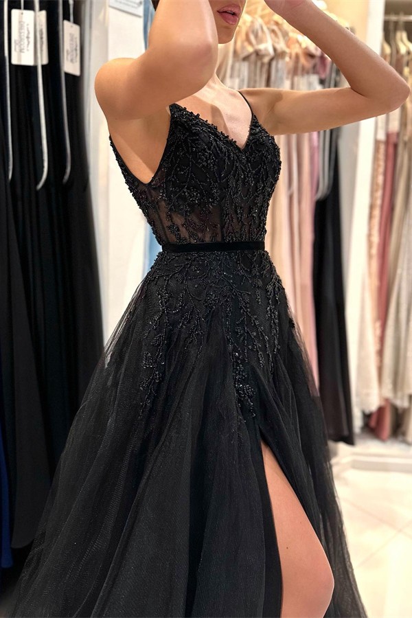 Chic Black Long V-neck Spaghetti Straps A-Line Tulle Prom Dress with Slit - YESBABYONLINE