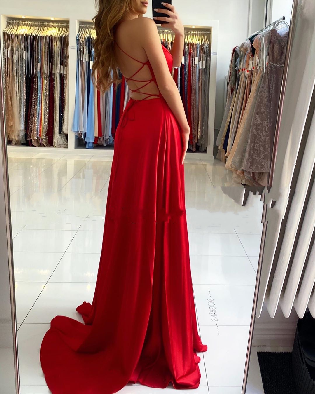 Sexy Red Long A-line V Neck Floor Length Satin Backless Prom Dresses with Slit - YESBABYONLINE